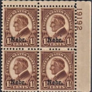 US 670 F - VF Mint NH Nebraska Overprint Plate Block 19192 UR cv $95