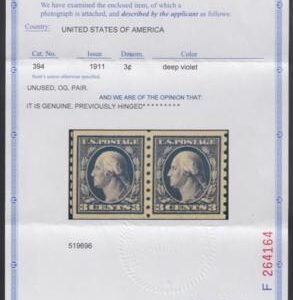 US 394 Washington / Franklin XF - Sup Mint Very LH Pair, PF Cert, Spectacular! cv as 95 $325