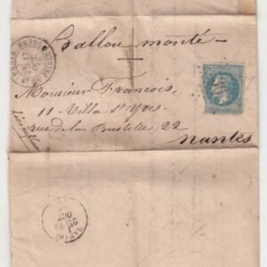 France Ballon Monte . Le "Victor Hugo"  Paris to Nantes  Nantes (Oct 22, 1870 backstamp), carried 440 kg of mail, stamp faulty. (BM15 450 )