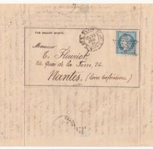 France Ballon Monte: Le "Ville d'Orleans" Superb Gazette de absents, Paris to Nantes