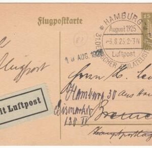 Germany 1925 15pf Printed Airmail Postal Card from Hamburg
