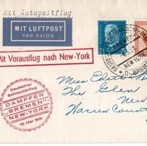 Germany 1931 Bremen Catapult Cover to New York