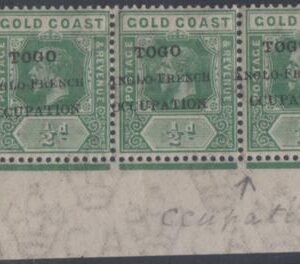Togo 80v F - VF NH Lower Left Strip of 3 cv $105
