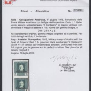 Italy - Austrian Occupation N1 Var. F - VF Mint NH Vertical Imperf Pair - AVI Cert. cv £1,500
