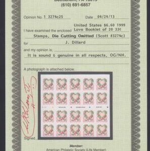 US 3274c Error VF Mint Full Imperf Pane of 20, No Die Cutting - Weiss Cert cv $1,000