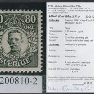 Sweden 92 XF Mint Very LH 80 Ore Black - New Obermuller Cert cv $2,100