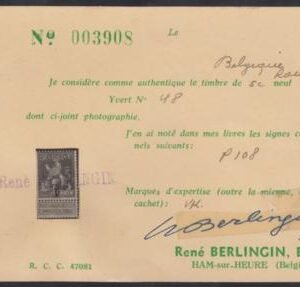 Belgium Q49 F - VF Mint NH Horizontal Gum Bend, Berlingin Cert cv $240