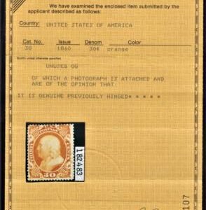 US 38 Early Classics Fine Mint LH OG, Rich Orange Color - PF + Crowe Certs cv $1,900