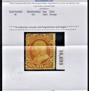 US 38 Early Classics Fine Mint LH OG, Rich Orange Color - PF + Crowe Certs cv $1,900