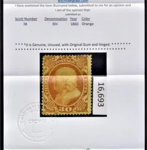 US 38 Early Classics Fine Mint LH OG, Rich Orange Color - PF + Crowe Certs cv $1,900