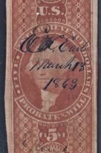 US R92a Revenue F - VF Used $5 Probate of Will PSE Cert cv $750