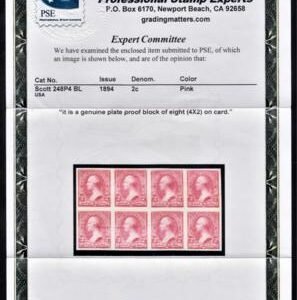 US 248P4 Essay XF Unused Block of 8 Card Proof PSE Cert cv $950
