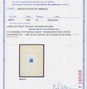 US 887P1 Daniel French Large Die Proof in Blue on India