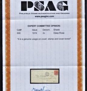US 500 Fine Single on Small Cover - PSAG Cert cv $650