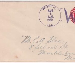 US Illinois, Worth U429 Fancy Cancel Cover, Large W Cancel