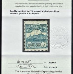 Italy San Marino 75 Just Fine Hinged Nice Color AP Cert cv $275