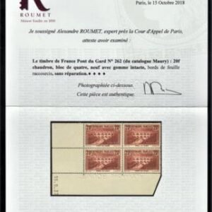 France 254A XF Unused NH Corner Dated Block, Signed with Roumet Cert cv $1,800++