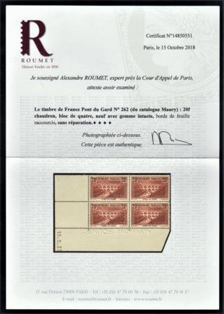 INV-21599x1_4abbdc28-ef2e-4410-a4f2-744feb02cd20 France 254A XF Unused NH Corner Dated Block, Signed with Roumet Cert cv $1,800++