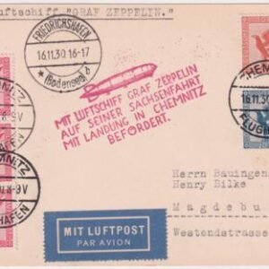 Germany 1930 Zeppelin Flight Card to Chemnitz