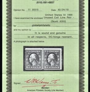 US 355 Washington / Franklin Fine Hinged Line Pair with Weiss Cert cv $1,500