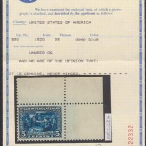 US 550 VF Mint NH UR Corner PF Cert cv $65