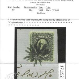 US 97 Early Classics F-VF Used On Piece, Beautiful "Circle of Vs" Fancy Cancel With Cert cv $250