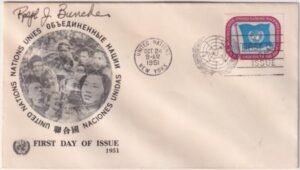 UN NY 4 FDC Signed by Ralph Bunche, Nobel Peace Prize