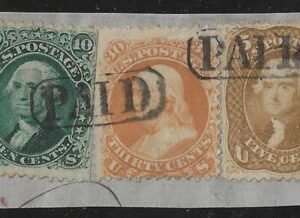US 67, 68, 71 Early Classics F-VF Used 45 Cent Large Piece, Paid Cancel, Nice Centering + Fun Perfs on #67 and #71. #68 SE Beautiful Piece cv $1,000