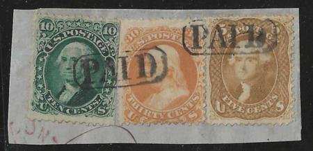 INV-22657itExt_a4b1c357-903d-431a-ac8d-16de215c6e13 US 67, 68, 71 Early Classics F-VF Used 45 Cent Large Piece, Paid Cancel, Nice Centering + Fun Perfs on #67 and #71. #68 SE Beautiful Piece cv $1,000