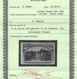 US 240 Early Commemoratives VF Mint LH Very Lightly Hinged, Weiss Cert