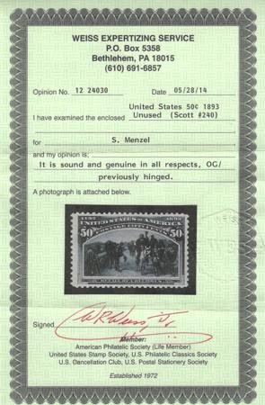 INV-22671x1_b4fba221-6328-4cef-8005-29fd526261a6 US 240 Early Commemoratives VF Mint LH Very Lightly Hinged, Weiss Cert