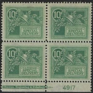 US E7 Special Delivery  F-VF Mint NH Block of 4 With Plate # Imprint cv $450