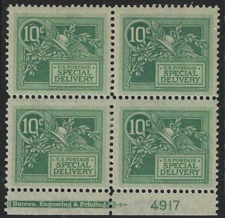 INV-22680itExt_d55df37b-64be-459c-a969-964065b82d53 US E7 Special Delivery F-VF Mint NH Block of 4 With Plate # Imprint cv $450