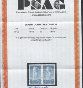 US 744a Mint NH F-VF Horiz. Pair Imperf Vertically. PSAG Cert. Flawless Without Any Of The Usual Gum Flaws