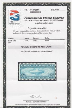 US 1930 C15 NH OG Superb , Grade 98 with PSE Certificate