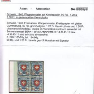 Switzerland 200B - 2B (SBK 163Y-5Y) Used XF Blocks With Full Gum Eichele + Rellstab Cert. Salvage Now Removed But Included