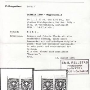 Switzerland 200B - 2B (SBK 163Y-5Y) Used XF Blocks With Full Gum Eichele + Rellstab Cert. Salvage Now Removed But Included