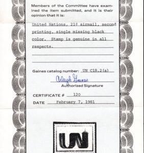 UN Gawes C18.2a Mint NH XF 21 ct. Airmail Missing Black Gaines Cert.
