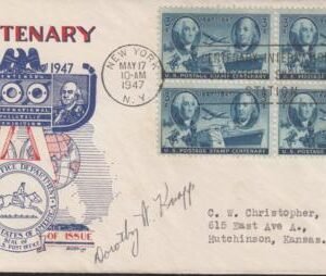 US 947 FDC Fleetwood/Knapp Printed Cachet FDC Autographed Dorothy Knapp. Ex Wally Knapp. Unique!