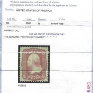 US 65E15h Essays and Proofs VF-XF Mint LH 3 cent August Issue (#56) PF Cert