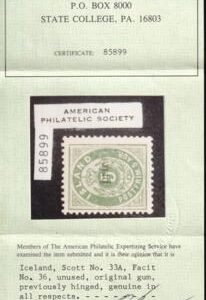 Iceland 33a Facit 36 H F-VF APS Cert + Signed Hoke