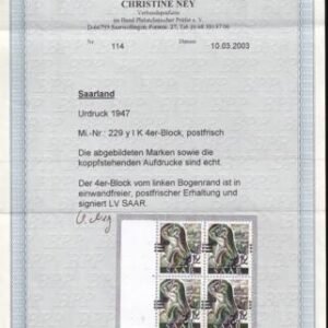 Saar 178a Var MI 229y IK Mint NH VF Margin Block First Printing Inverted Ovpt. Signed With Ney Cert.