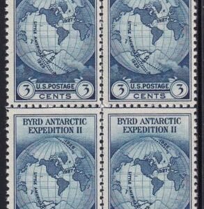 US 753 3¢ Byrd Farley Mint Positions No Gum VF Center Line Or Cross Gutter Block