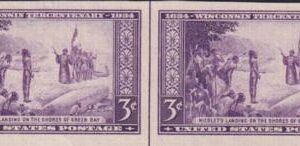 US 755 3¢ Wisconsin Farley Mint Positions No Gum VF Horiz. Pair Vert. Ln.