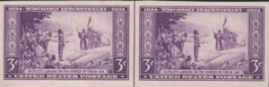 US 755 3¢ Wisconsin Farley Mint Positions No Gum VF Horiz. Pair Vert. Ln.