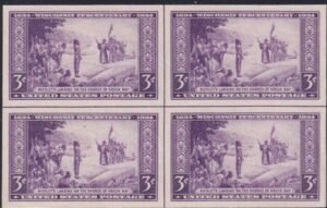 US 755 3¢ Wisconsin Farley Mint Positions No Gum VF Center Line Or Cross Gutter Block