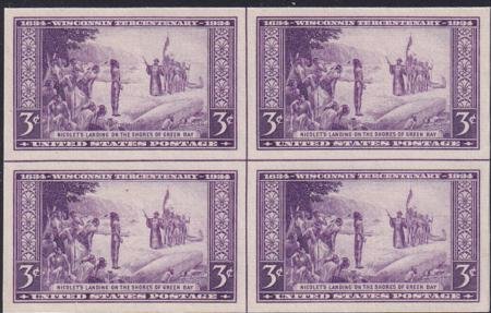 INV-24374itExt_235d285d-2654-4a68-90ae-73e636f854dc US 755 3¢ Wisconsin Farley Mint Positions No Gum VF Center Line Or Cross Gutter Block