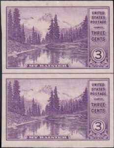 US 758 3¢ Mt. Rainier Farley Mint Positions No Gum VF Vert. Pair Horiz. Ln.