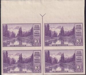 US 758 3¢ Mt. Rainier Farley Mint Positions No Gum VF Top Or Bot. Arrow Block