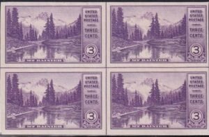US 758 3¢ Mt. Rainier Farley Mint Positions No Gum VF Center Line Or Cross Gutter Block